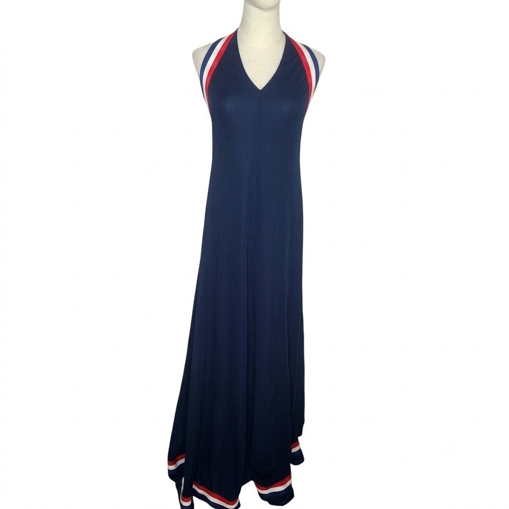 Vintage 70s Halter Maxi Dress Navy Blue Sporty Stripe Trim Americana Gown Retro